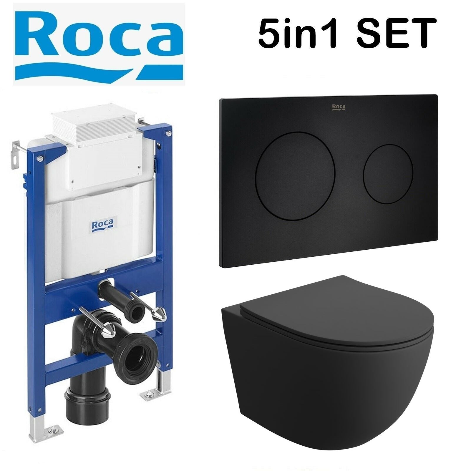 Rimless toilet wall hung pan matt black seat roca 0.82 h black plate