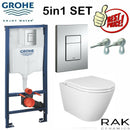 Rimless Toilet Wall Hung Pan Rak Ceramics Slim Seat & Grohe Frame Chrome Flush Plate