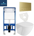 Rimless Wall Hung Toilet Pan Wc Frame Concealed Cistern Brushed Brass Square Plate