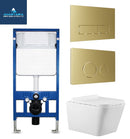 Rimless Wall Hung Square Toilet Pan Wc Frame Concealed Cistern Brushed Brass Plate