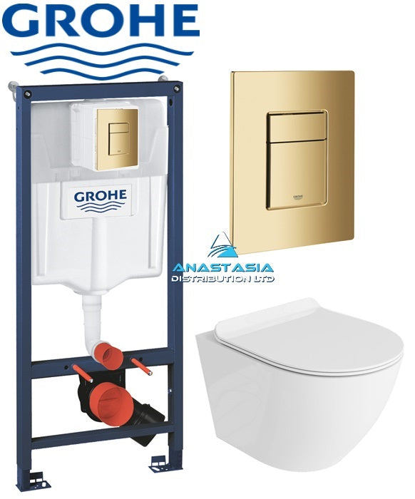 Grohe 38732GNO Gold Brushed Brass Plate Wc Frame 1.12 Rimless Toilet Wall Hung Pan Soft Close Seat Slim