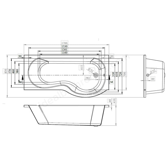 Essential Hampstead 1700x850mm P Shape Shower Bath Pack Left Handed 0 Tap Holes - White EBP003