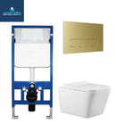 Rimless Wall Hung Square Toilet Pan Wc Frame Concealed Cistern Brushed Brass Plate