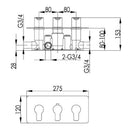 JTP Amore 2 Outlet 3 Handle Horizontal Thermostatic Concealed Shower Valve - Chrome