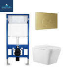 Rimless Wall Hung Square Toilet Pan Wc Frame Concealed Cistern Brushed Brass Plate