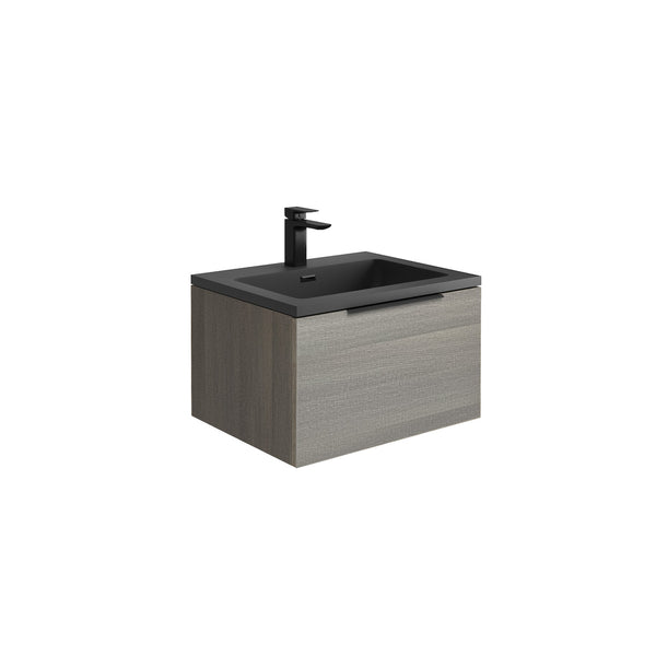 Scudo Ambience 590x350x475mm Wall Mounted Vanity With Basin & Handle & Overflow - Melamine/Oak AMBIENCE-LEDCAB-60X48-GREYOAK + AMBIENCE-BASIN60X48-GREY + CHEVRON-40HANDLE-BLACK + OVERFLOWSQ-BLACK