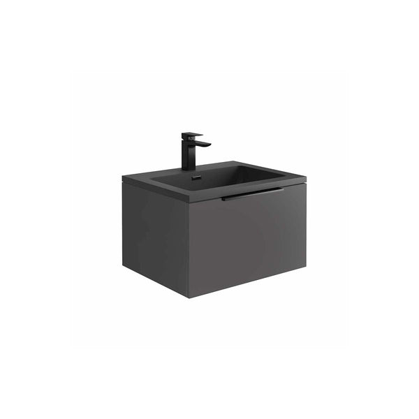 Scudo Ambience 590x350x475mm Wall Mounted Vanity With Basin & Handle & Overflow  - Matt Grey AMBIENCE-LEDCAB-60X48-MGREY + AMBIENCE-BASIN60X48-GREY + CHEVRON-40HANDLE-BLACK + OVERFLOWSQ-BLACK