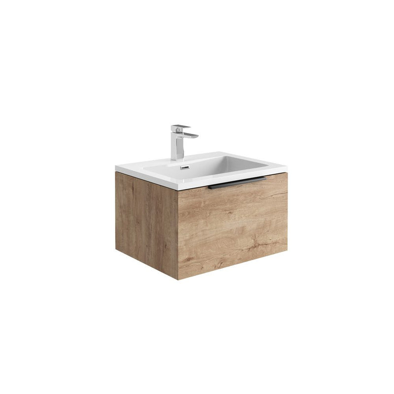 Scudo Ambience 590x350x 475mm Wall Mounted Vanity With Basin & Handle & Overflow - Melamine/Oak AMBIENCE-LEDCAB-60X48-RUSTIC + AMBIENCE-BASIN60X48-WHITE + CHEVRON-40HANDLE-BLACK + OVERFLOWSQ-BLACK