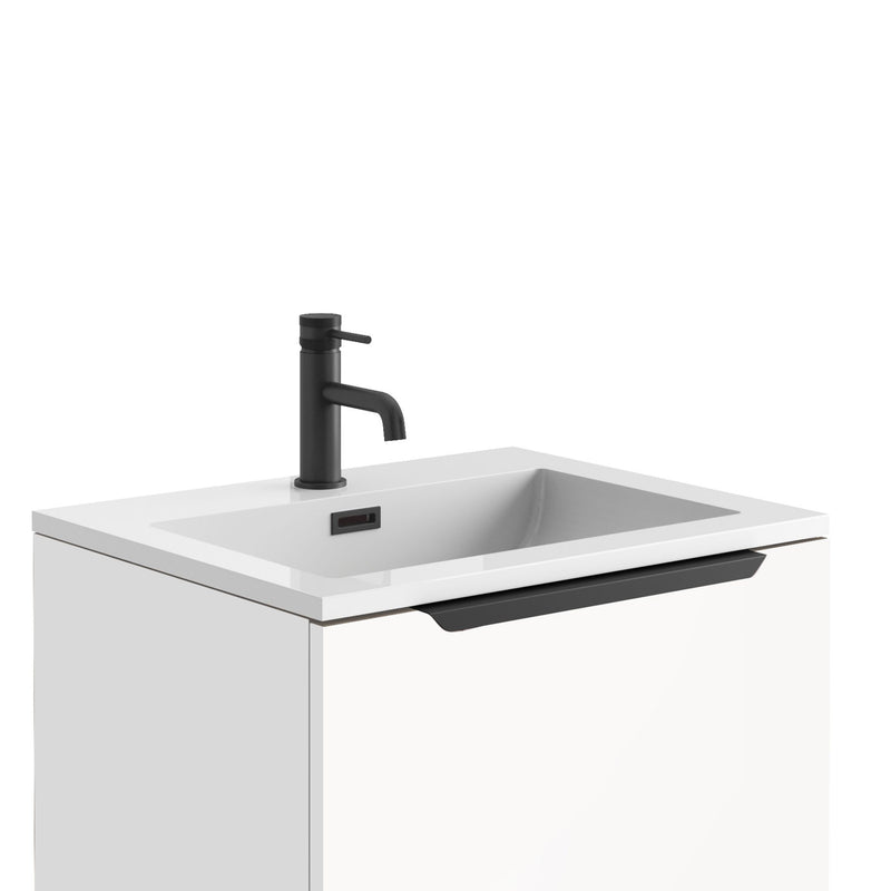 Scudo Ambience 590x350x475mm Wall Mounted Vanity With Basin & Handle & Overflow - Melamine/Oak AMBIENCE-LEDCAB-60X48-GREYOAK + AMBIENCE-BASIN60X48-GREY + CHEVRON-40HANDLE-BLACK + OVERFLOWSQ-BLACK