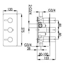 JTP Florence 2 Outlet 3 Handle Horizontal Thermostatic Concealed Shower Valve and Designer Handle - Chrome