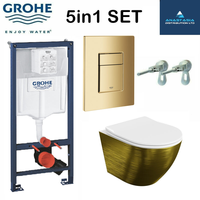 Grohe 38732GNO Gold Brushed Brass Plate Wc Frame 1.12 Rimless Toilet Wall Hung Pan Soft Close Seat Slim