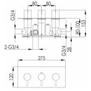 JTP Inox 3 Outlet 3 Handle Horizontal Thermostatic Concealed Shower Valve - Stainless Steel