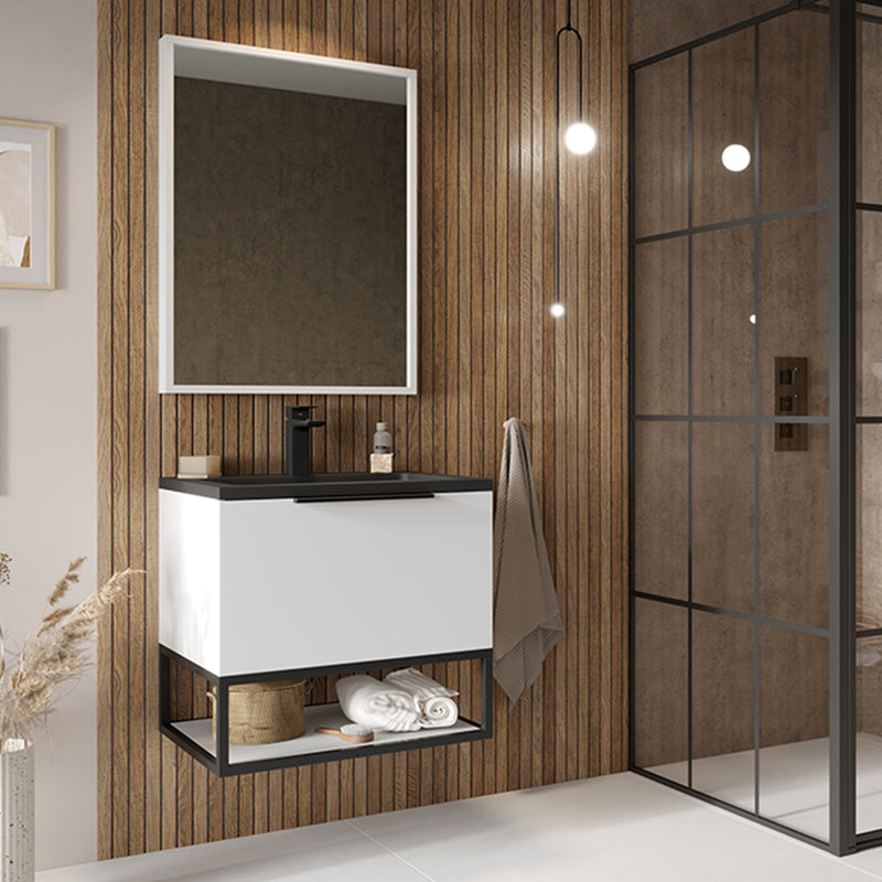 Scudo Ambience 590x350x475mm Wall Mounted Vanity With Basin & Handle & Overflow - Melamine/Oak AMBIENCE-LEDCAB-60X48-GREYOAK + AMBIENCE-BASIN60X48-GREY + CHEVRON-40HANDLE-BLACK + OVERFLOWSQ-BLACK