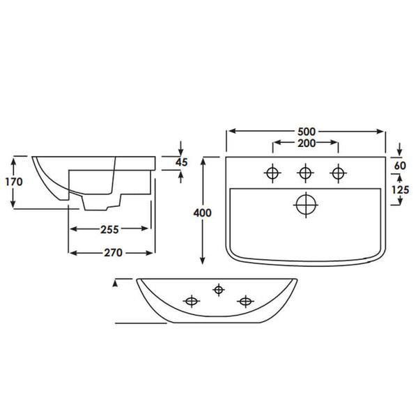 Essential Jasmine 500mm Semi Recessed Basin 1 Tap Hole Washbasin Bathroom Sink White EC5006