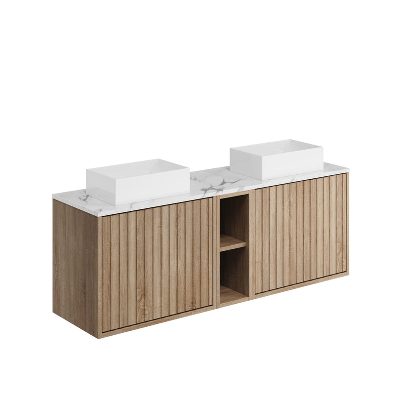 Scudo Alfie 1400 Fluted Vanity Unitt With Storage & Worktop & Basin Sonoma Oak ALFIE-FL-OAK-600 + ALFIE-200-OAK + WORKTOP-1370X395-CARRARA + COUNTERTOP-001