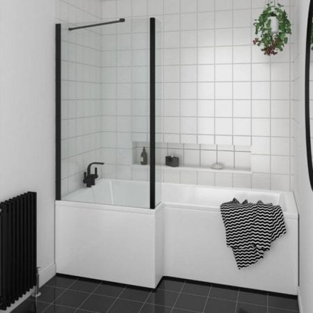 Essential Kensington 1500x850mm L Shape Shower Bath Pack W/ Bath Front Panel & Matt Black Bath Screen Right Handed 0 Tap Holes EB558