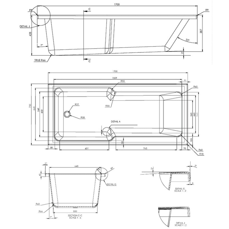 Essential Newham 1700x750mm Straight Quartz Shower Bath - White EB552