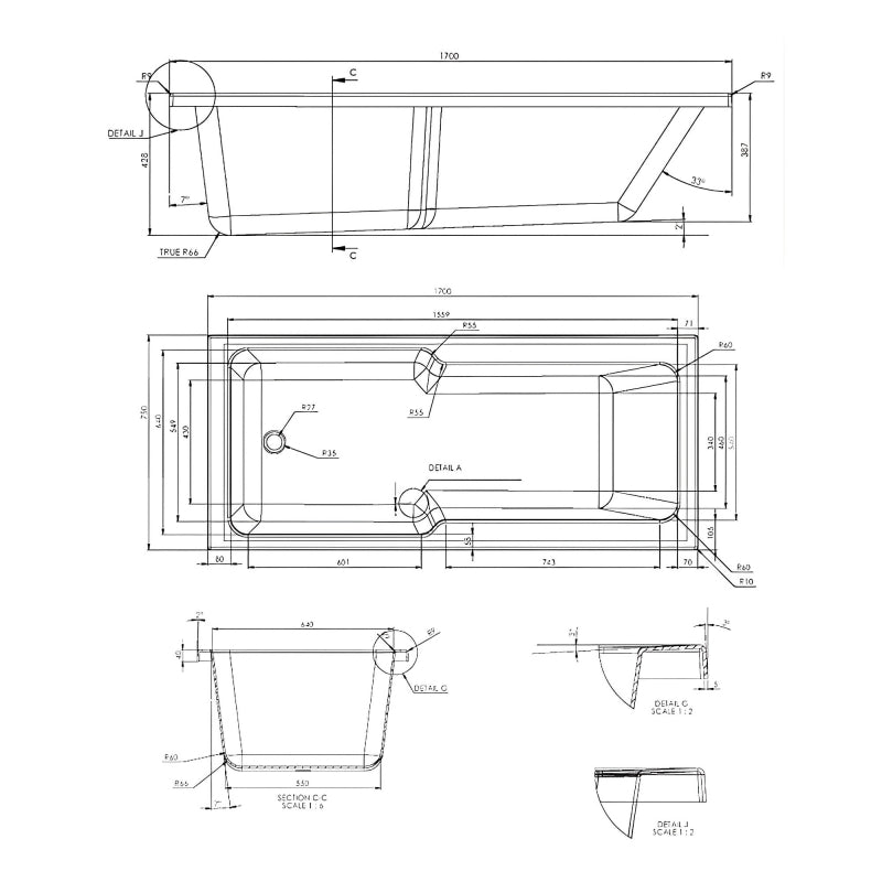 Essential Newham 1700x750mm Straight Shower Bath - White EB551