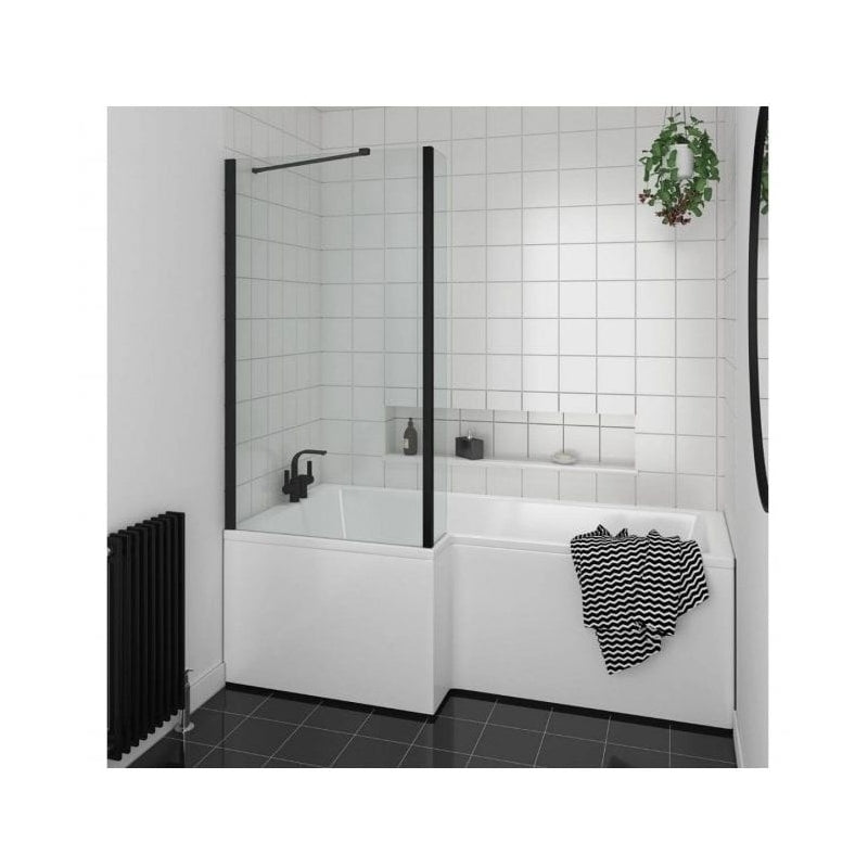 Essential Kensington 1500x850mm L Shape Shower Bath Pack W/ Bath Front Panel & Matt Black Bath Screen Left Handed 0 Tap Holes EB557