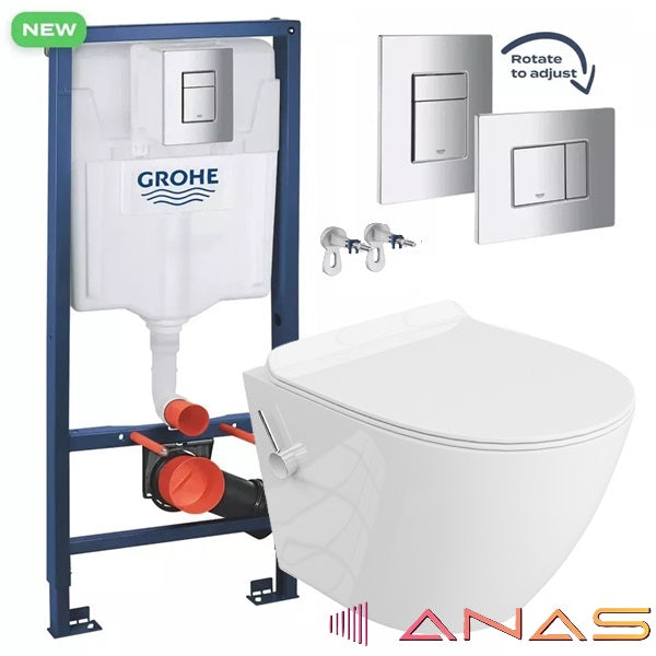 Rimless Toilet Wall Hung Pan Inc Bidet Soft Seat Grohe Wc Frame 1.12 Chrome Flush Plate 38772001