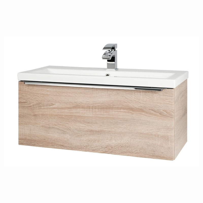 Kore Modern 500/600/800/1200 Wall Mounted Vanity Drawer Unit & Ceramic Basin – Sonoma Oak