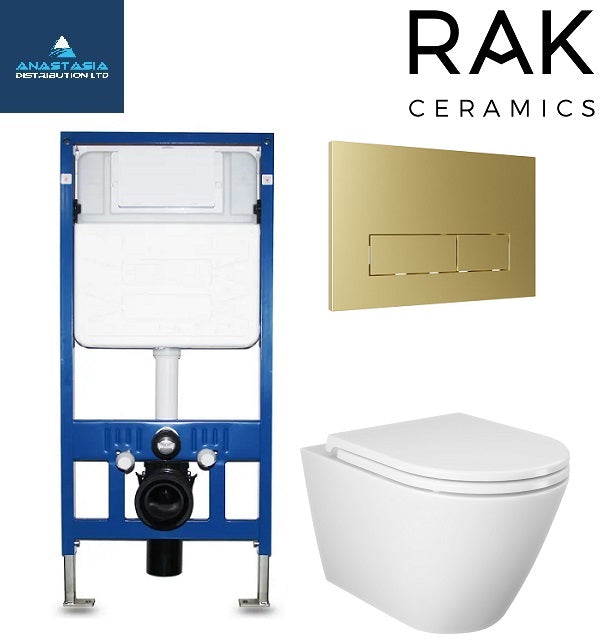 Rimless Wall Hung Pan Rak Resort Slim Seat Wc Frame Brushed Brass Flush Plate